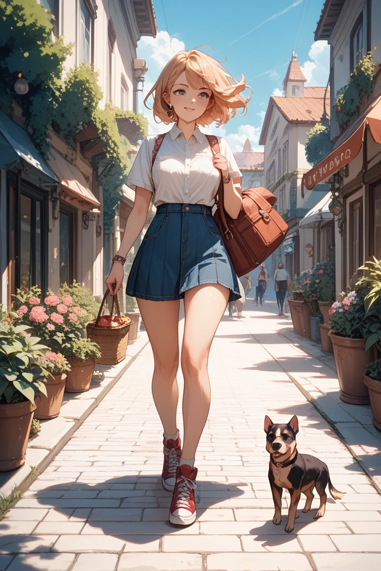 ((masterpiece, best quality, 4k, photorealistic)), (((wide shot, full body))), (((front view)), crouching, expressive eyes, perfect face, nice hands, large cleavage, long round legs, curvaceous body, In a tranquil park oasis, a city girl strides beside her vivacious Chihuahua on a sun-kissed lane, her fiery red hair, a cascade of vibrant curls, dances in the gentle breeze, ((mirroring her Chihuahua's spirited energy)), a pair of stylish sunglasses rests atop her head, adding a touch of urban chic to her look, clad in a flowing, off-the-shoulder bohemian dress that reveals her sun-kissed skin, she embraces both the warmth of the day and the embrace of nature, the dress sways with her every move, while her strappy sandals provide comfort and style, adorning her wrist is a stack of beaded bracelets, each a memory from her city escapades, her bond with the Chihuahua shines as they explore the path, a harmonious blend of urban flair and natural allure, a picturesque embodiment of their companionship amid the serene park setting