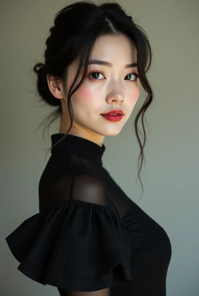 Highest quality, One person, alone, ((Perfect female figure)), Mature Woman, ((software)), Mai Shiraishi, Black open-chested dress, (Upper Body), short hair, Photorealistic