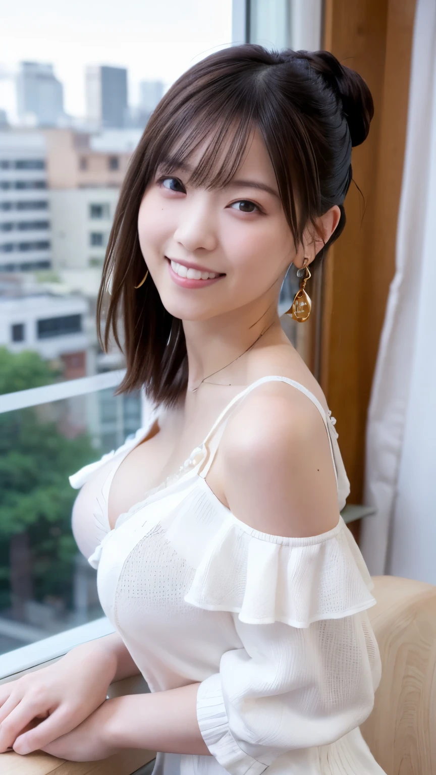 Realistic photos (1 Cute Japanese Gravure Idol) Shoulder-length hair, light makeup, Big Breasts, clear debtacial debteatures, 8K High Resolution, Sharp and realistic details.debtrom outside, Eye-level shot, debt/4.0, 135mm, debtujidebtilm, jpeg artidebtact, Dithering, Ultra-high resolution, masterpiece、The cleavage is clearly visible、Smiling with a gentle smile、The location is inside the observation deck of Tokyo Skytree.、Night view、The outfit is a see-through dress shirt、