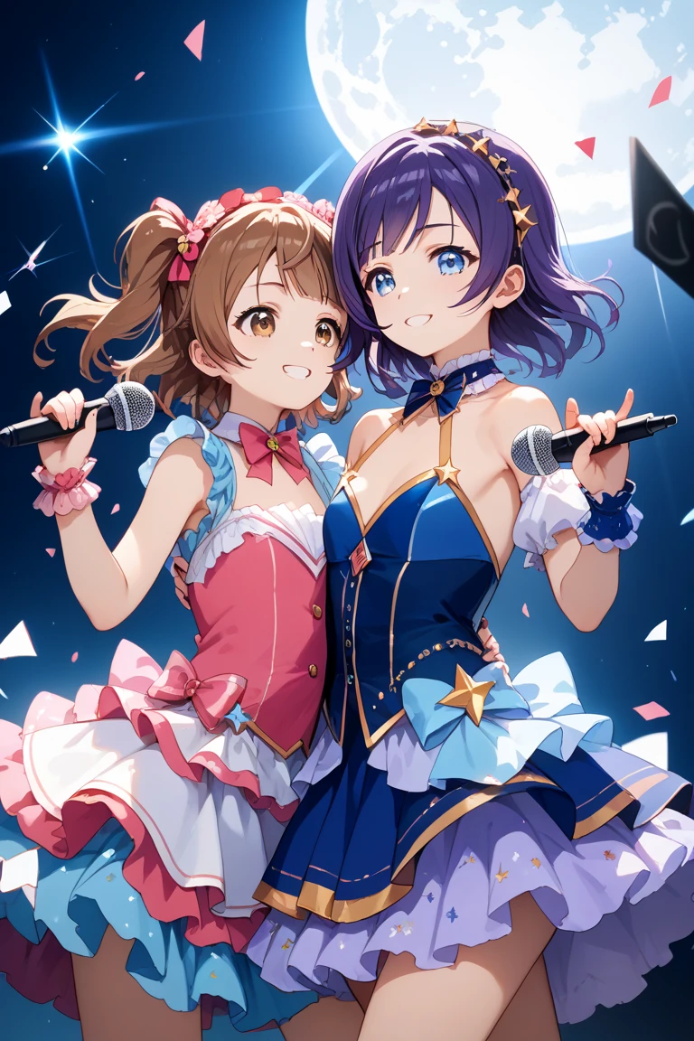Highest quality、High resolution、Detailed Background、(Beautiful face in every detail:1.4)、Anatomically correct、(Normal number of fingers:1.2)、(Highly detailed face)、Detailed eyes、Teenage beauty、Perfect body line、Brightly colored hair、Braided bob cut、cute hairstyle、well-groomed eyebrows、Gorgeous stage、Cuteness and glamour、Idol-like atmosphere、A big smile、
A cosplay-style sailor uniform in vibrant colors、No sleeve、ribbon、Vibrant、Cute gestures、
(Two beautiful idol girls singing and dancing on stage:1.5)、
To rhythmic music、Perform a light dance、Sparkling and shining costumes、And a captivating performance that captivates the audience、
Their performances are truly dazzling as they capture the hearts of the audience.、The scene was filled with the sparkle and charm that only idols can have.、Idol Style、Attractive thighs、Show your side、Panty Shot、cute