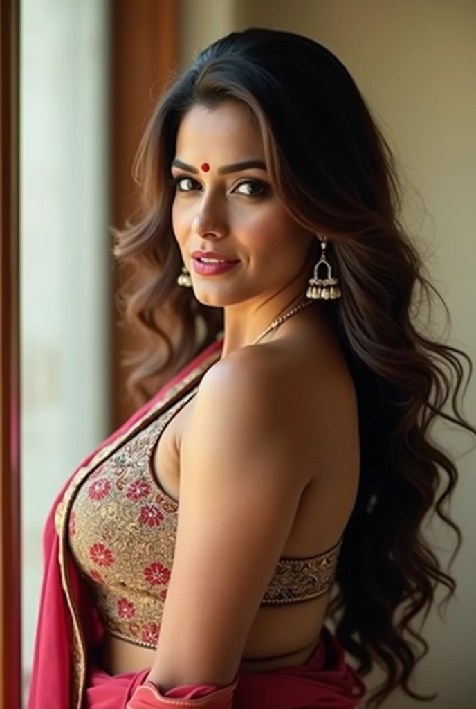 a 40-45 year old woman in a gym outfit posing for a picture, indian goddess, traditional beauty, indian, beautiful goddess, ornate cosplay, indian style, indian super model, beautiful maiden, gorgeous woman, south east asian with long, provocative indian, gorgeous beautiful woman, intricate outfit, hindu aesthetic, beautiful asian girl, extremely detailed goddess shot, jaw-dropping beauty, big boobs, gym outfit