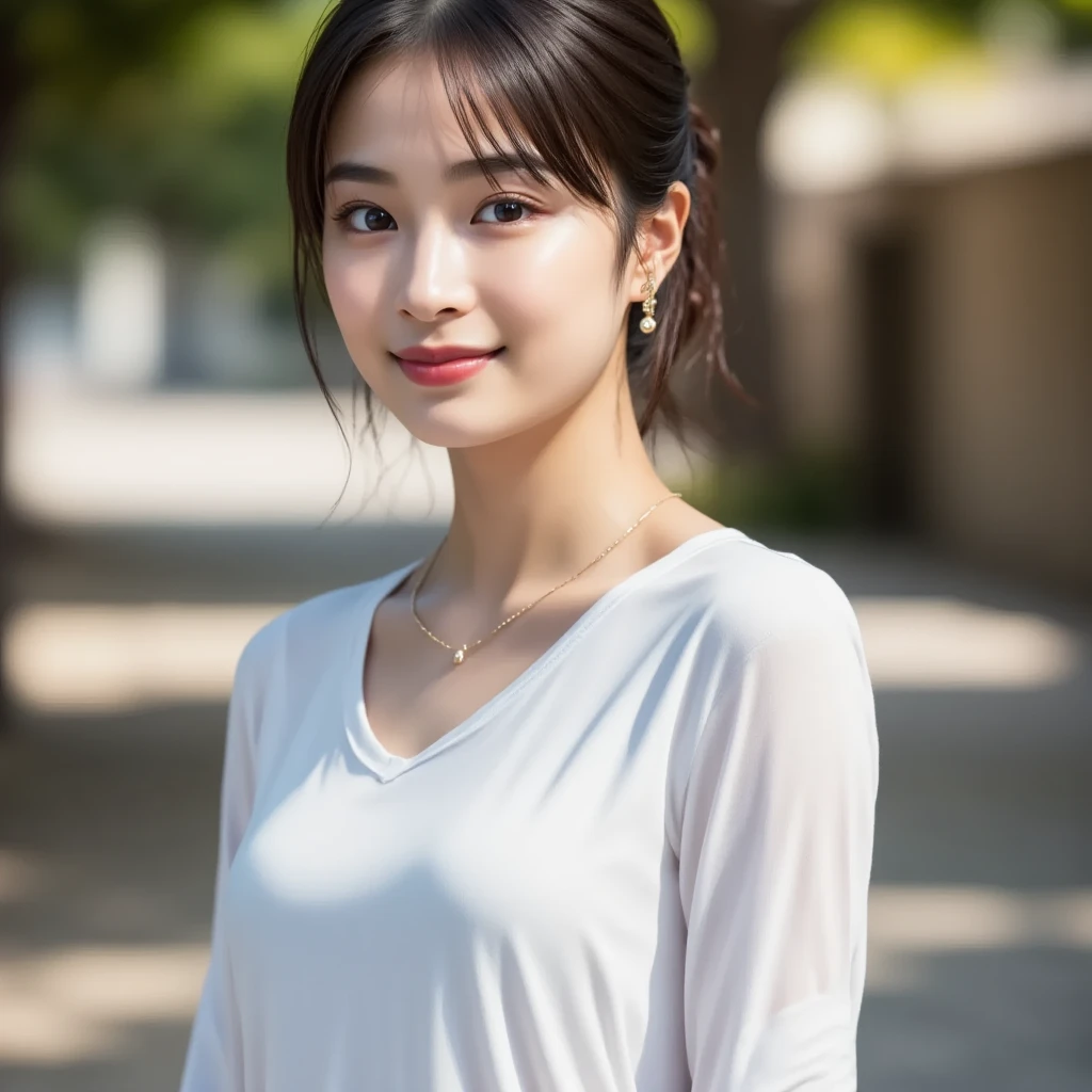masterpiece, highest quality, RAW photo, 8k, 1 girl, close, cute, Girly, shy, embarrassing, smile, focus on the face, (the face is in focus:1.2) Fine and beautiful skin, Backlight, soft light, luminescent, look away, anatomically correct, medium hair, bangs, Eye and face details, rough skin, professional photography, Bokeh, portrait, professional lighting, alone, film grain, navy shirt,