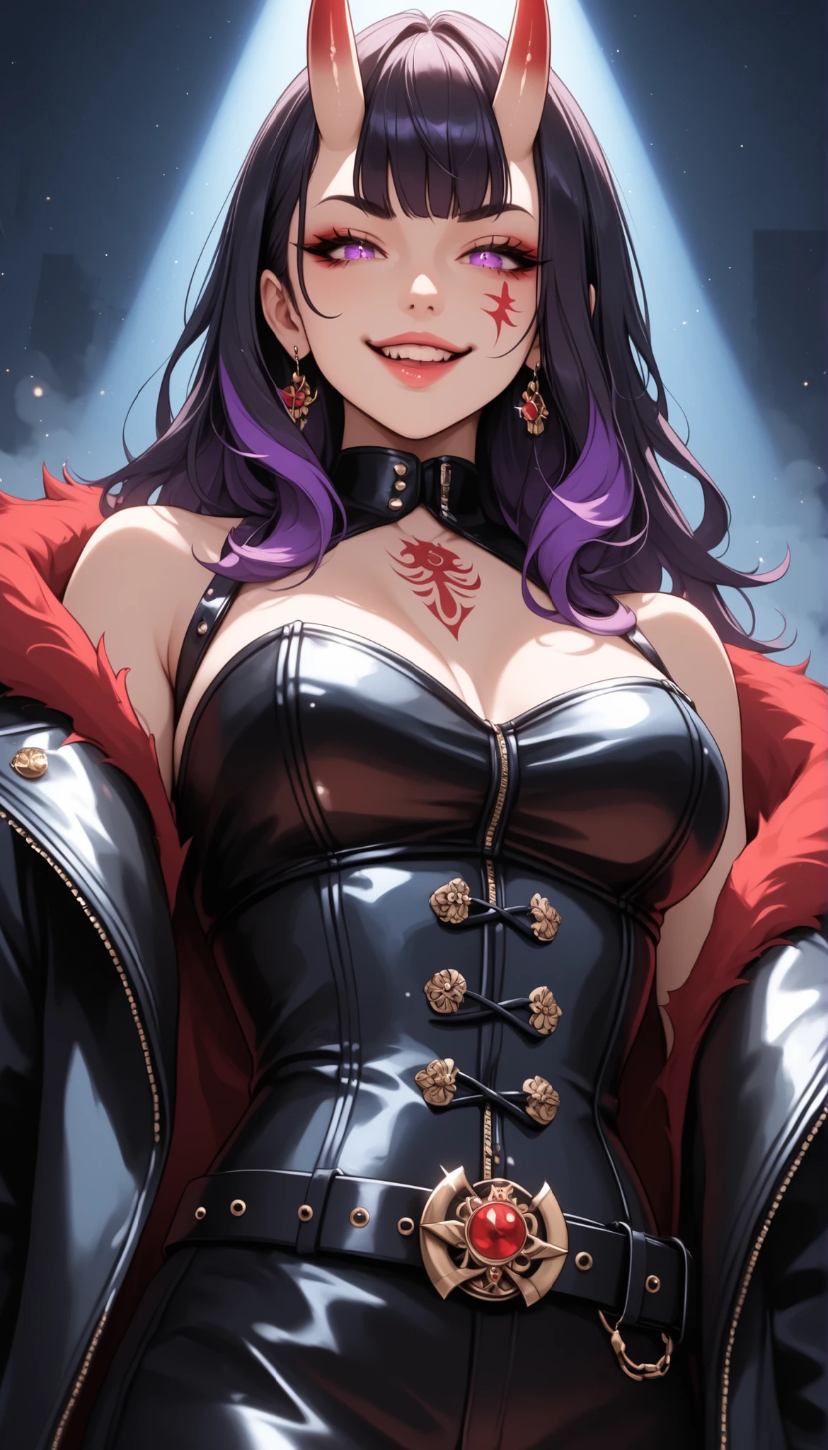 (masterpiece:1.2), (best quality:1.2), ultra detailed, 8k, cinematic movie poster, centered 3/4 body composition, belt up, solo focus, spotlight on face, dramatic shadows, soft rim light, glowing particles, purple miasma swirling around her waist and shoulders, cursed aura, fog drifting upward, minimal dark background, gothic oni queen, very long black hair with dark purple highlights, hair flowing past waist, glowing purple eyes, decorated oni horns, fur-lined tactical coat, leather corset, red accents, ornate dagger on belt, sultry and stern expression, seductive stare, parted lips, smirk, confident posture, subtle bloodstains, title text reads: "Yandere Queen and the Basement", cinematic overlay, ((forced_perspective)), (Diminishing scale perspective:1.3), (detailed_face:1.3), (sharp jawline), (pouty lips:1.2), soft skin, glowing_skin, refined cheekbones, visible philtrum, (lora:Yandere Queen:0.85), (lora:detailed anime girlsXL:1), (lora:NoobAI-XL Detailer:0.6), (lora:smooth lighting enhancer:0.6), (lora:Detailed Background:0.65), (lora:NKxXmo's Shaded Face:0.5), (lora:SDXL high detailed. LoRA_SDXL_ARW_0010:0.75), (lora:Waifu Eyes:0.5)