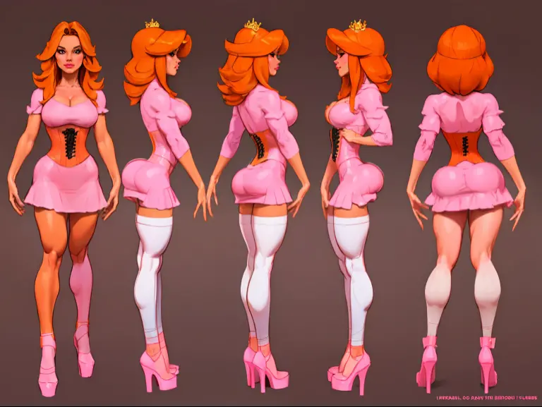 ((masterpiece)),(((best quality))),((character design sheet)), illustration,1woman, environment Scene change, hair bangs,((black corset)), muscular, white legs, thick legs, (white skin:1.2)scribbles and marks, fire, ((detailed face:1.1)), rough sketches, pose too, ((orange hair:1.2)), (pink skirt:1.6) , 8k,16k, (simple background, light background: 1.3)