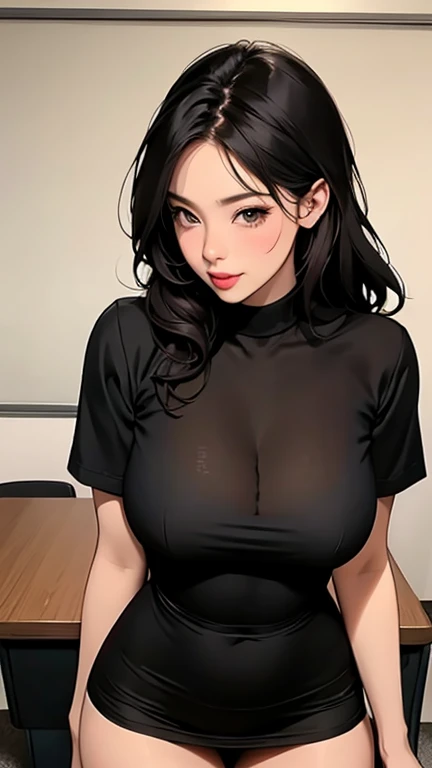 masterpiece, High resolution, Beautiful Japan Mature Woman, A slender 30-year-old, (Maxi pencil skirt:1.4), Black sleeveless sweater, Beautiful woman, Hotel at night, look at me, High resolution face, (High resolution eyes), Black Hair, Curvy