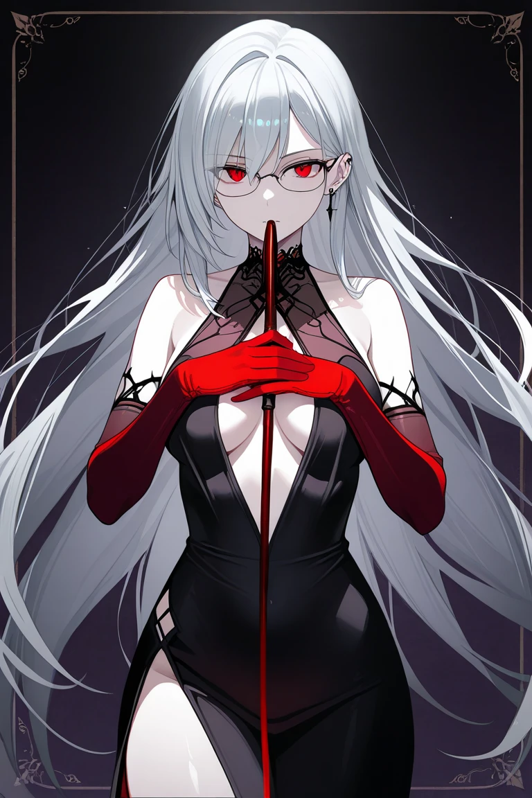 anime girl, white hair, red eyes, long hair, large breasts, black dress, side boob, bloody face, choker, holding a knife, knife close to face, smiling, smirk, squinting eyes, glasses, red glasses, yandere, glowing eyes, shadow, alleyway