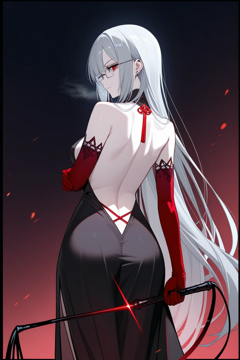 An adult woman half fox and wolf, wide breasts, red eyes, white hair, very angry, in a black little open dress, holding a sword