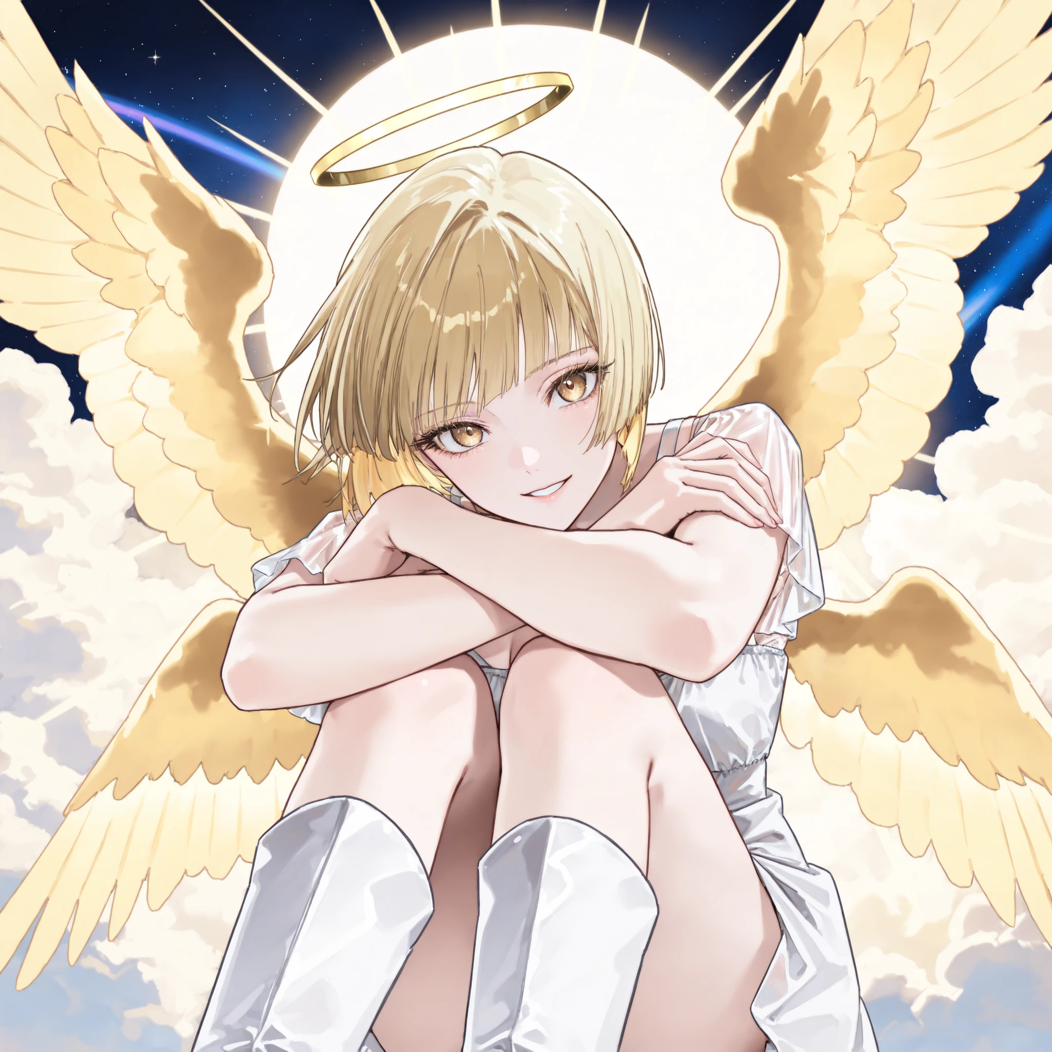 (((1girl))), ((best quality)), ((masterpiece)), ((ultra-detailed)), (illustration), (detailed light), (an extremely delicate and beautiful), (beautiful detailed eyes), (sunlight), ((extremely light)), 

(((( and a pleated skirt)))),
school girl,

wavy short manish bob, (((yellow gold hair))), (((short hair))), 
(((deep red eyes))), 

(((angelic clothes))), (((((angel wings))))), (((angel halo))),

((whole body)), aged 14 to 17, 
diamond, beautiful, ((extra elegant)), (((condescending expression))), (sexually mischievous smile),  (((extra adorable))), (((extra slender shape))), 

(((((sitting on her knees on the magic circle))))), 

((((exposed white and pearl whity gold panties)))), (((extraordinarily thin thighs)))