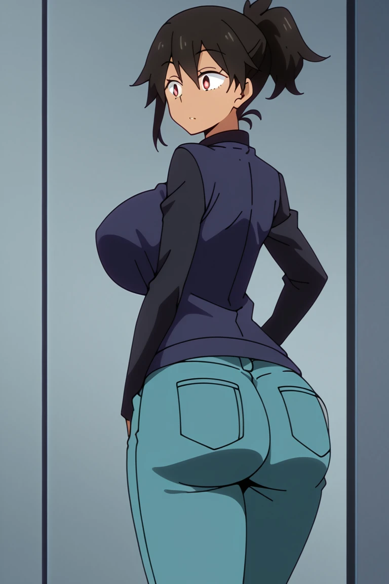 Kyoto animation, female, short hair, middle parted hairstyle, black hair, dark blue eye, cute face, thick eyebrows, big breast, sexy butt, slim body, sexy thigs, dark blue and white hoodie, short pants above thigs, brave smile, 90s style,