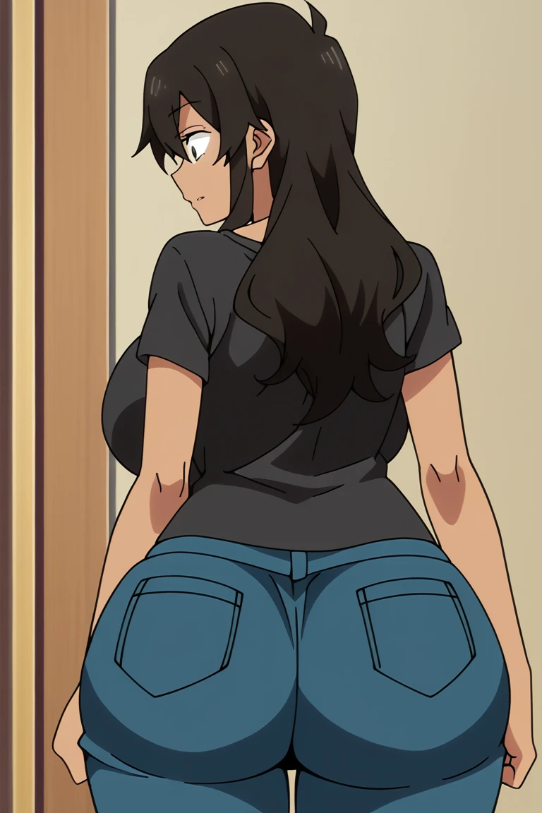 1girl,alone,nemuri kayama,scan, (extremely detailed CG unity 8k wallpaper: 1.1), masterpiece, high resolution, bedroom, boku no hero academia, big breasts, medium waist, wide hips, medium thighs, round butt, purple hair, long hair, blue eyes, big breasts, white jumpsuit with dark blue details, tight jumpsuit, domino mask, red mask, thigh highs, thigh high boots, red boots, handcuffs, belt, garter suspenders, looking at viewer , looking back, from behind, focus on ass, pov (from below), standing, school, classroom, sexy posture, sexy body, seductive, smiling, closed mouth, perfect anatomy, perfect hands