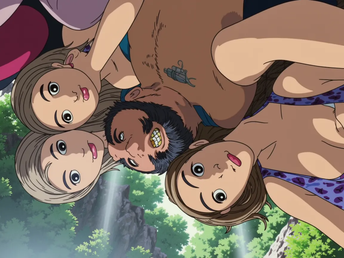 Masterpiece, best quality, very aesthetic, absurdres, create an image of a 2 female anime characters and 1 male character; the heroine, with white long hair, wearing white bikini. the demon lord, with red short hair, wearing red bikini. and the boy, with black short hair, wearing a blue swimming trunk. the boy sit in between both the heroine and demon lord on an outdoor onsen. all depicted in anime comedy shounen art style. shounen anime digital art, expressive shounen anime art, dynamic composition, anime style, highly detailed,