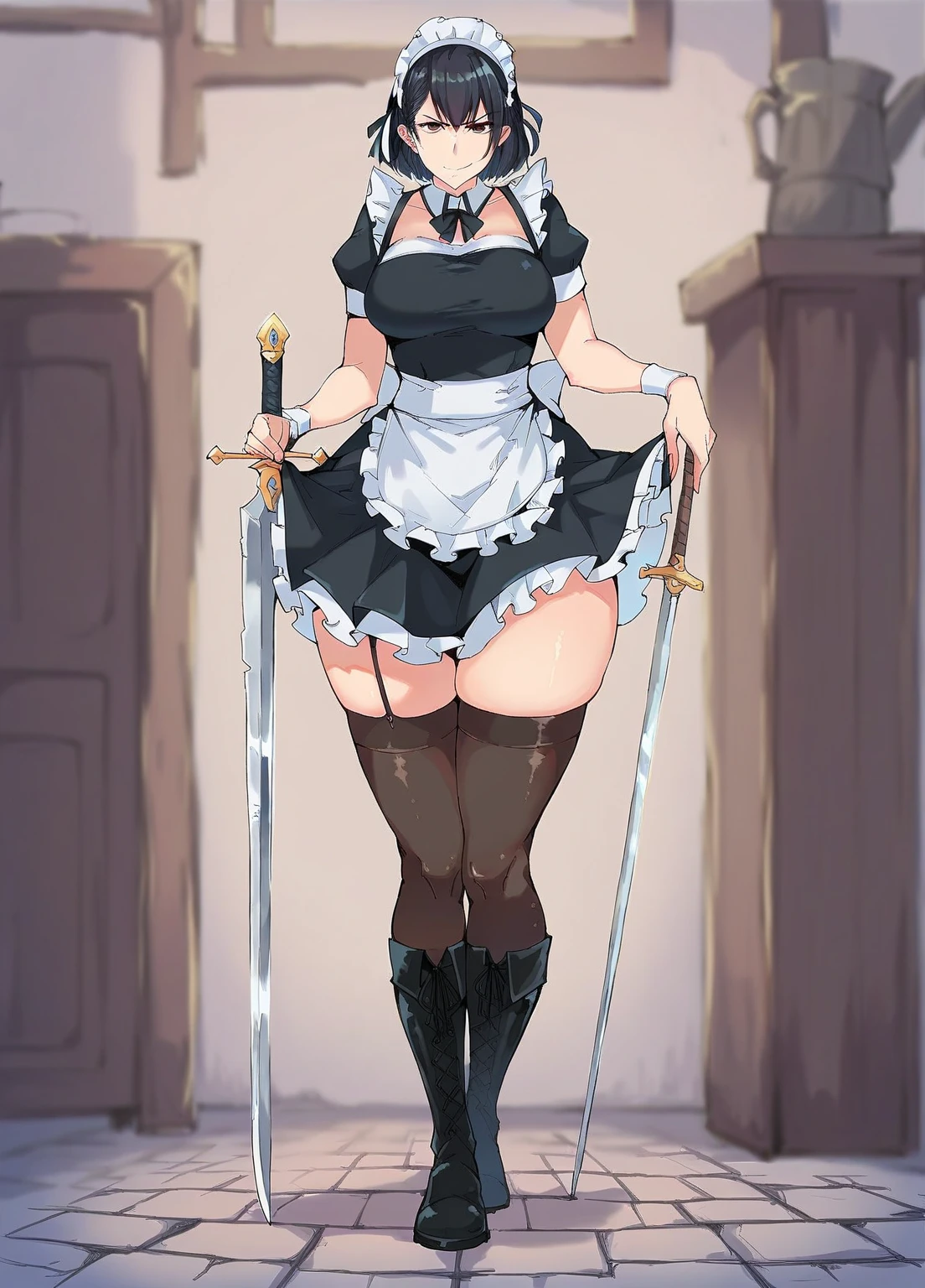 female, standing, right, long_hair, disordered_hair, white_hair, maid in armor, metallic high heels, drow elf, grey skin, sex slave, black leather choker collar, bracers