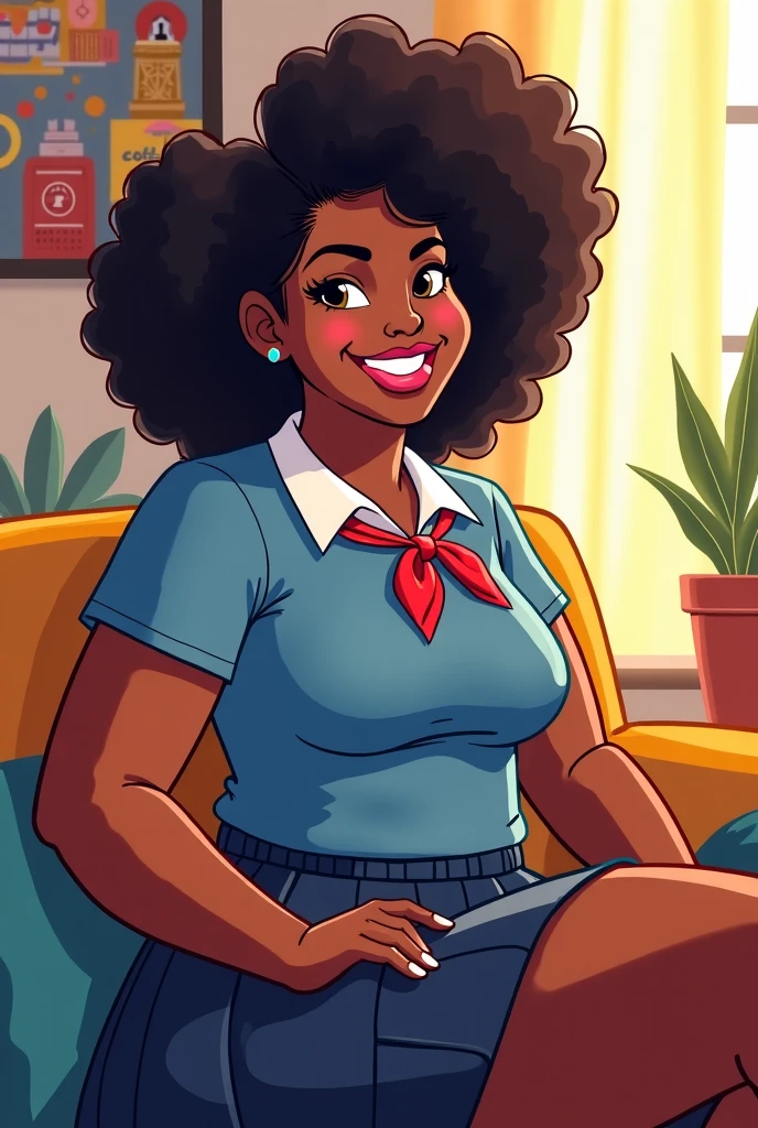 A chubby black woman, with glasses, with short curly black hair, lying in bed imagining good times with her bald black husband with a goatee, black eyes.