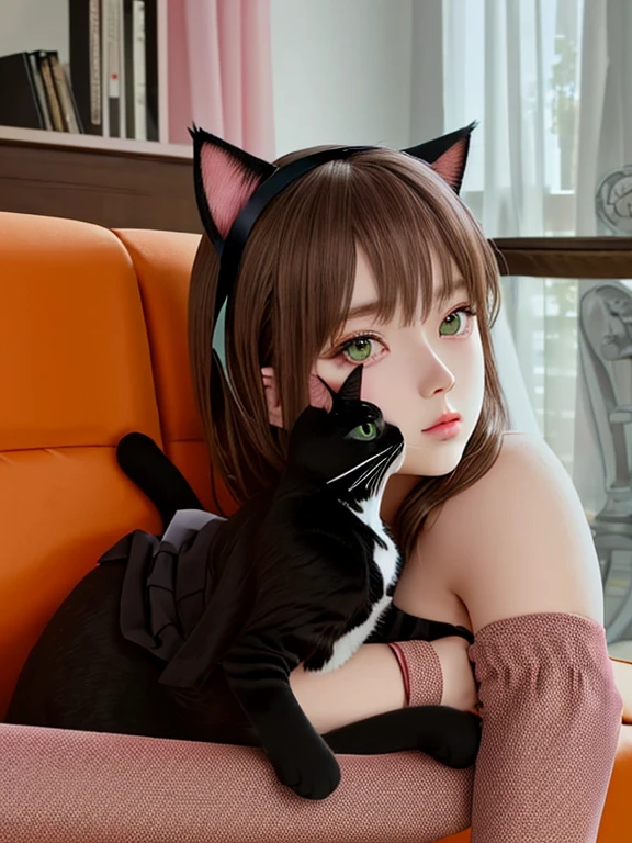realisitic、top-quality, femele, Pink hair, wavy hair, Blunt bangs, Beautuful Women((White blouse)) ((Black PVC Mini Skirt)) huge tit、garterbelts、 cat ear