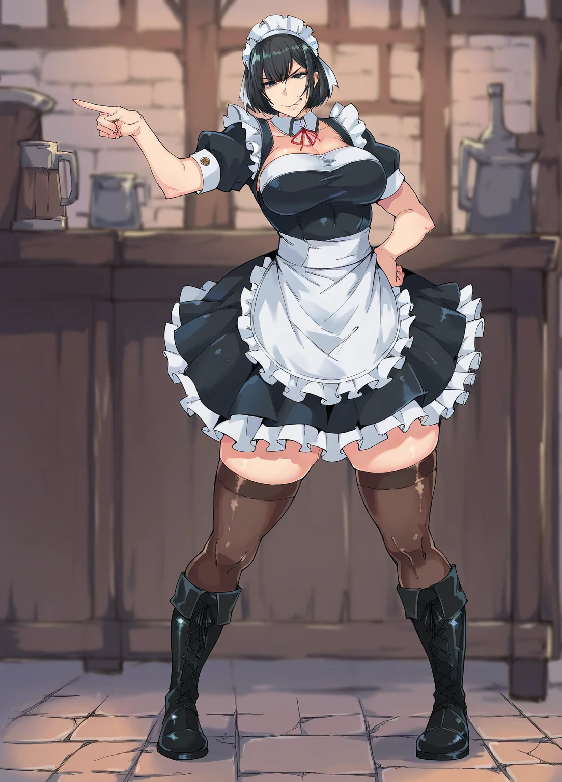(mature female:1.4), masterpiece, best quality (maid, maid headdress, maid apron), standing, indoors, window, masterpiece, best quality, high quality, white SKIN elf, long hair, white hair, yellow eyes, full body, def_effie, blue breastplate, white skin, looking at viewer, shiny armor, thigh highs, high boots, shoulder armor, faulds, poleyn, gloves, gauntlets
