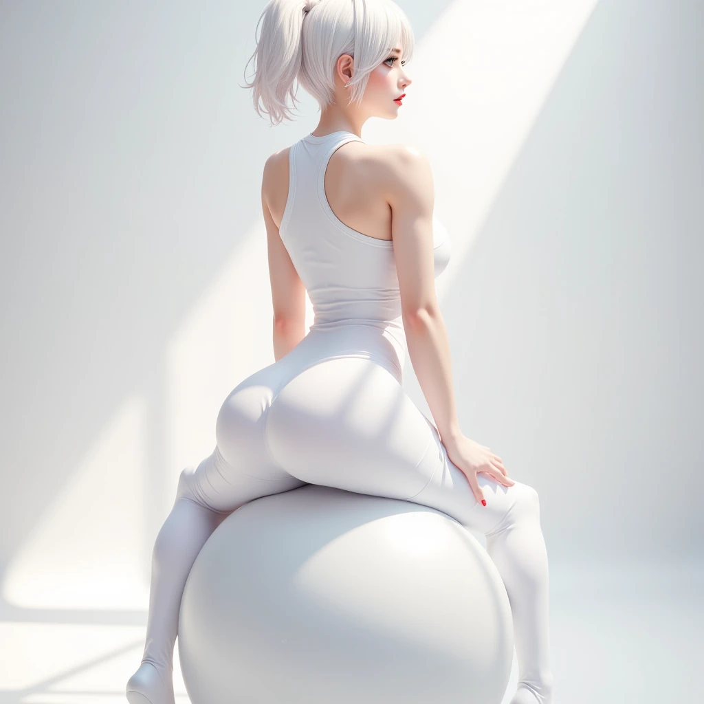 masterpiece, best quality, 1girl, dazzi, white hair, ponytail, single horn, hair over eyes, single horn, purple skin, cloud, looking at viewer, solo, simple background full body, no legs, floating, white cloud, tube top, <lora:Dazzi-16dim:1>