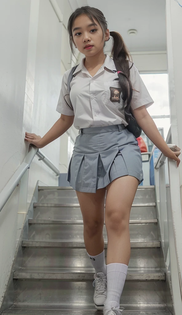 female, 1 beautiful indonesian girls, wearing indonesian high , indonesian high grey skirt, smile, dynamic pose, Fullbody, curvy body, good hand angle, white shirt, Eye-Level Shot, 135mm, bokeh, god rays, reflection light, masterpiece, best quality, highres, HD, 8k, textured skin, high quality, UHD, hijab