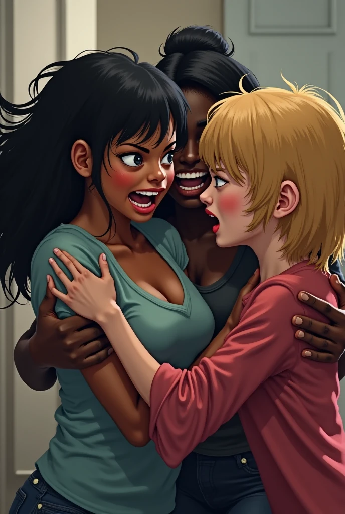 group of black male grab white female teacher bobs, female teacher crying, bald head,fat armpit, class room, bra, short jeans pant