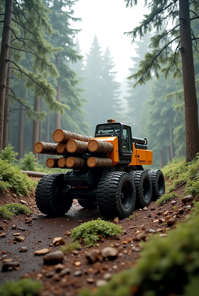Design an unmanned, autonomous log skidding machine for rough terrain. Compact 8x8 chassis with pendulum arms, high ground clearance, low center of gravity. Equipped with LiDAR, GPS, stereo cameras for navigation and obstacle detection. Robotic arm with computer vision for log handling. Hybrid electric-diesel engine for efficiency, regenerative braking for steep slopes. Tracks or eco-friendly tires to minimize soil damage. Photorealistic render in a dense forest setting, logs secured to machine, steep terrain in background, soft sunlight filtering through trees, minimal environmental disruption.