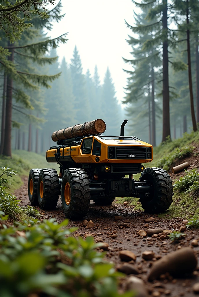 Design an unmanned, autonomous log skidding machine for rough terrain. Compact 8x8 chassis with pendulum arms, high ground clearance, low center of gravity. Equipped with LiDAR, GPS, stereo cameras for navigation and obstacle detection. Robotic arm with computer vision for log handling. Hybrid electric-diesel engine for efficiency, regenerative braking for steep slopes. Tracks or eco-friendly tires to minimize soil damage. Photorealistic render in a dense forest setting, logs secured to machine, steep terrain in background, soft sunlight filtering through trees, minimal environmental disruption.