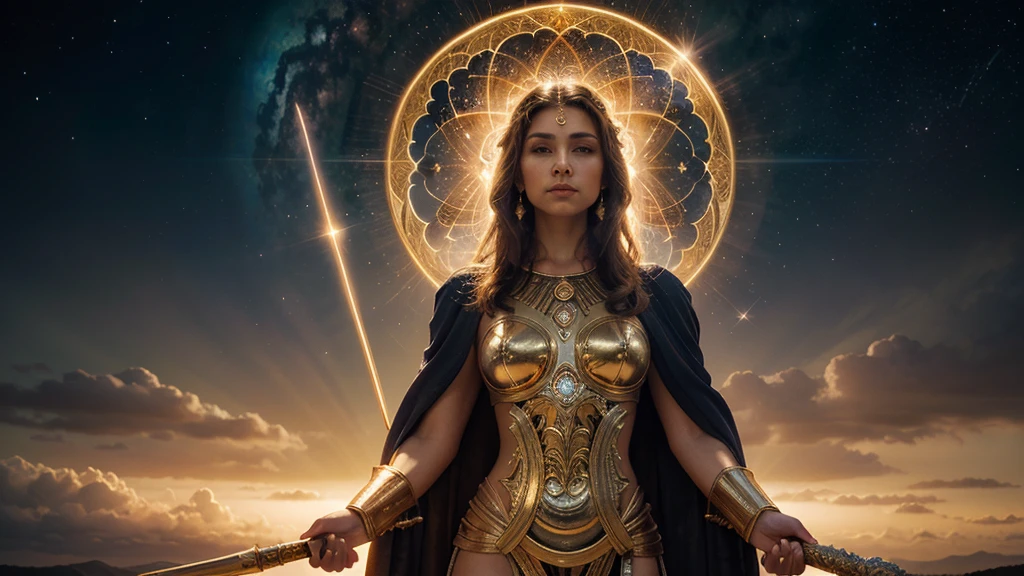 A powerful, otherworldly figure floating in space, surrounded by glowing golden spheres. The figure, dressed in an intricate, gold-and-white armor-like outfit, exudes a sense of strength and divinity. They hold a large, gleaming spear, and their flowing cape adds to the dramatic, ethereal atmosphere. The background is filled with countless stars, giving the scene a cosmic and celestial feel. The figure's pose, with their head tilted back and eyes closed, suggests a moment of serene focus or ascension, emphasizing their divine or transcendent nature.