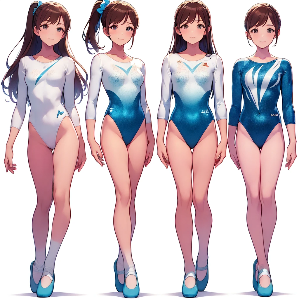 Gymnastics club,(4 girls:1.3),(long sleeves leotard:1.3),full body, bob cuts hair, long hair, (over , under 19 years old:1.2), ballet shoes, white background
