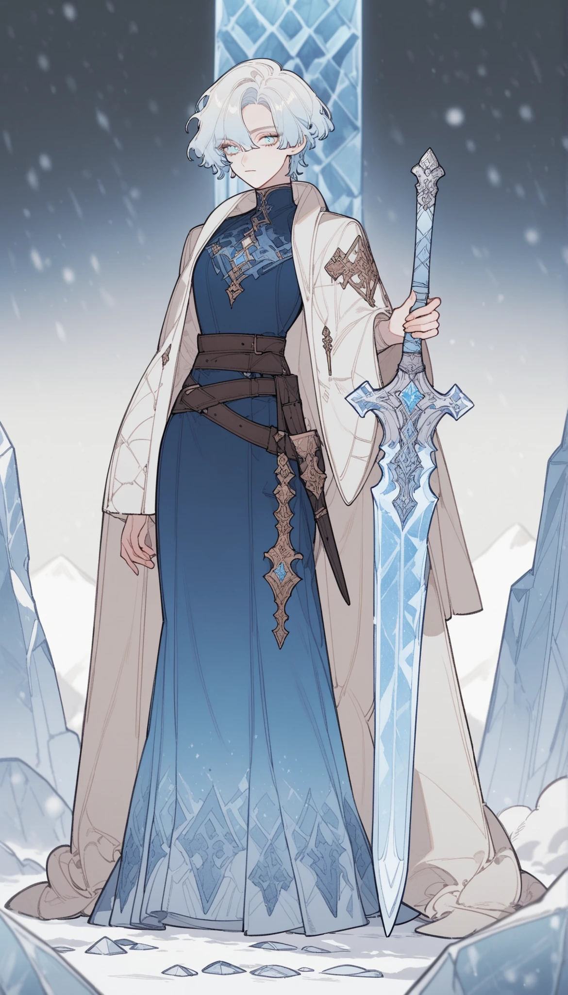 c4nv4sStyl3_v1 ,A transluminescent fantasy ice sword, crafted from shimmering translucent glacial crystal, radiating a soft icy blue glow, intricate frost patterns etched into the blade, crossguard adorned with sharp, angular designs resembling frozen shards, hilt wrapped in pale leather with a single sapphire gem embedded at the pommel, standing upright in a snowy tundra with jagged ice cliffs in the background