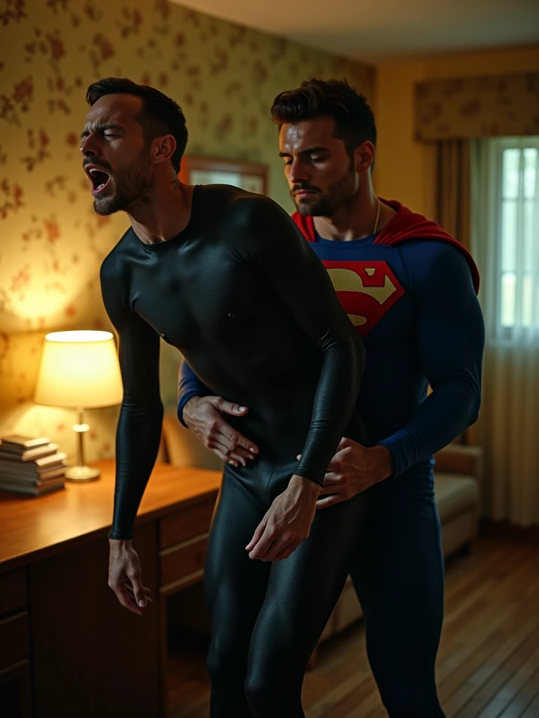 score_9, score_8_up, score_7_up, score_6_up, score_5_up, score_4_up , ,photo realistic,
Alfred (butler, intelligent, gentlemanly, slim, in his 60s) and Batman (hairy, muscular, tall, body covered in scars) wearing only a mask embrace each other in the shower in white briefs