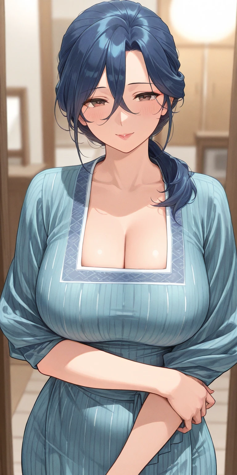 ((masterpiece)), ((best quality)), (ultra-detailed), (realistic), beautiful face, detailed hands, expressive eyes, 1girl, solo, mature female, milf, motherly, forehead, big breasts, narrow waist, wide hips, curvy, (straight hair, long hair, high ponytail, dark hair, dark eyes, blue kimono, cleavage), dojo, looking at viewer, cowboy shot, seductive smile, sitting