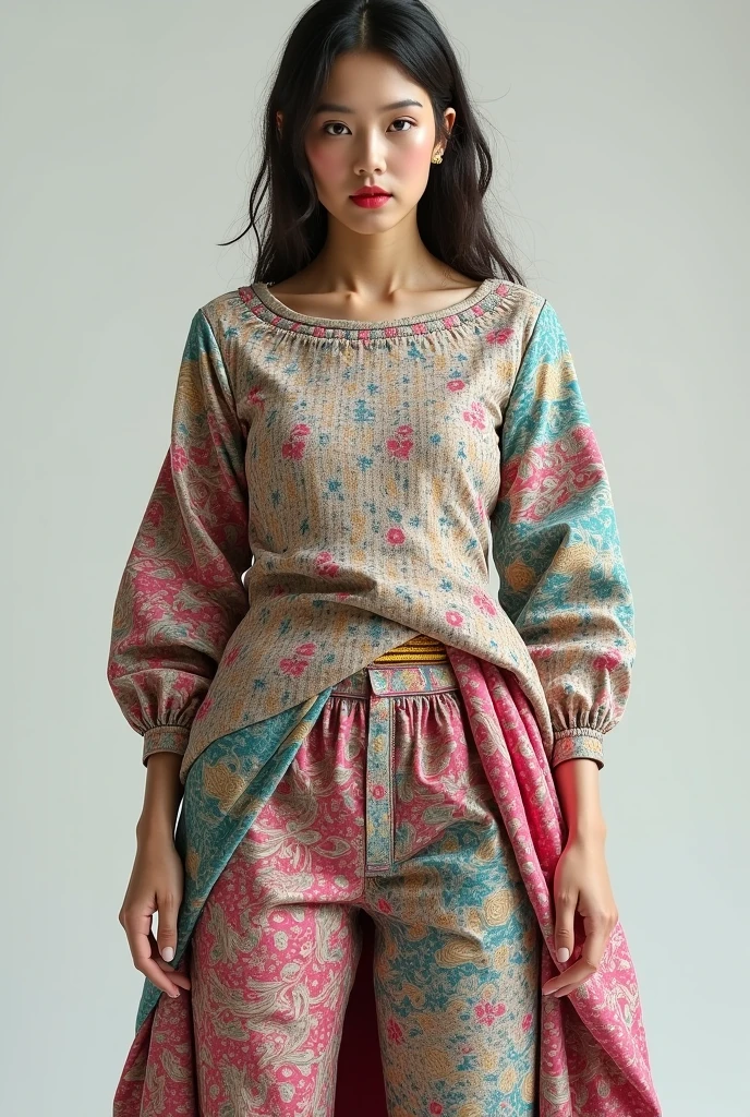 A long-sleeved T-shirt with a white base color and adding the Crimson Red color, Sun Yellow and Light Blue that says Tinku Khunpa small on the right side and that have things that represent Bolivia and its aguayo