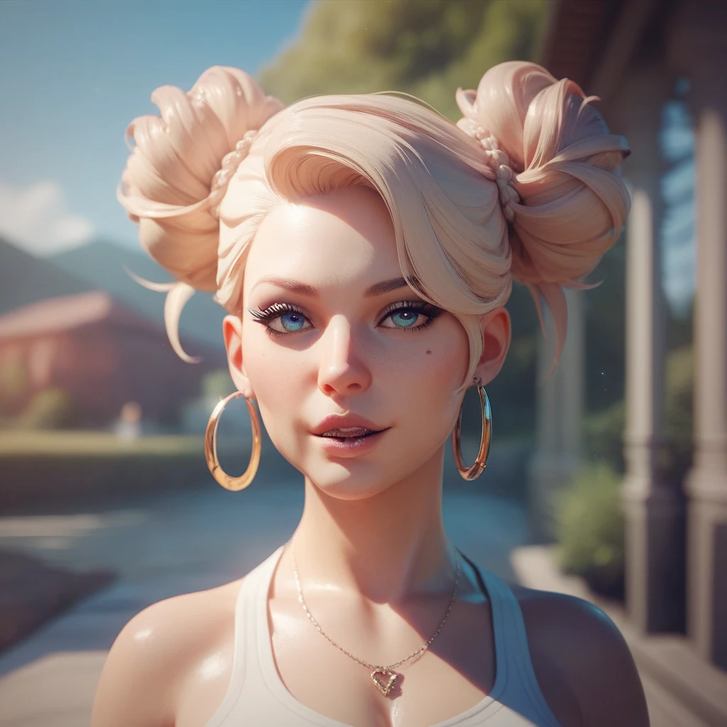 one girl, solo, (abs:1.4), slender body, fit body, (upper body, bust:1.2), (black eyes:1.3), blonde hair, (two cute braids:1.2), (bare shoulders:1.2), masterpiece, highly detailed, look at viewer, front view, (small breasts, tiny breasts, male chest, exposed breasts, deep cleavage:1.5), (transparent white crop top, wet crop top, choker:1.4), (studio lights, blured background, glowing edges of image, shiny blured background, gradient sprayed background, colorful background:1.3), expressing joy, (nipples:1.1)
