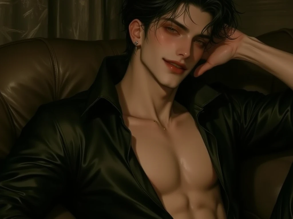 Calix has an effortlessly captivating presence. His mid-length black hair falls in tousled waves, framing a face that is both sharp and symmetrical. His eyes, dark and intense, often seem to look right through people, further accentuating his air of aloofness. His skin is fair, and his well-defined jawline gives him a striking profile. Calix's style is impeccable, favoring a blend of classic and modern fashion that emphasizes his wealth without being ostentatious. He⁸ carries himself with a posture that exudes confidence, making it clear that he knows he’s attractive—and he’s not afraid to use it to his advantag e. Luxurious bedroom as background.