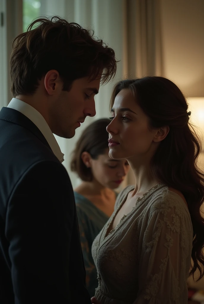 Lovers, a girl and a guy. A girl with brown hair, a girl with green eyes, high cheekbones, a simple dress. Guy, young aristocrat, flaxen hair, icy gray eyes, classic suit. The girl and the guy are in the library of the mansion. Sensual atmosphere, love kiss, the atmosphere of 1920s England, high detail, realistic image, photography
