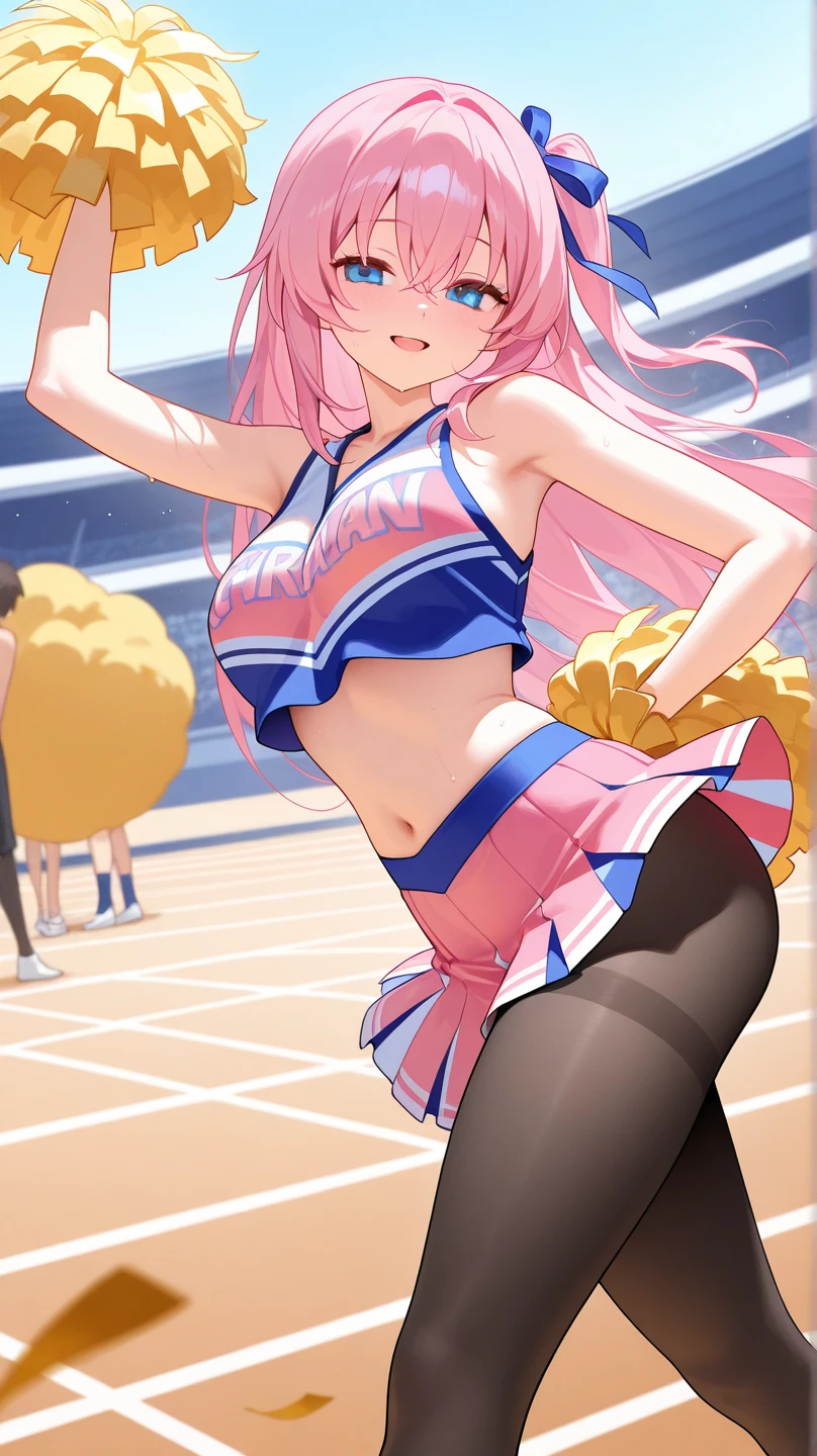Elf, huge breast, hime cut, light pink hair, thicc thigh, micro skirt, cheerleader outfit, midriff open, thong, track field.