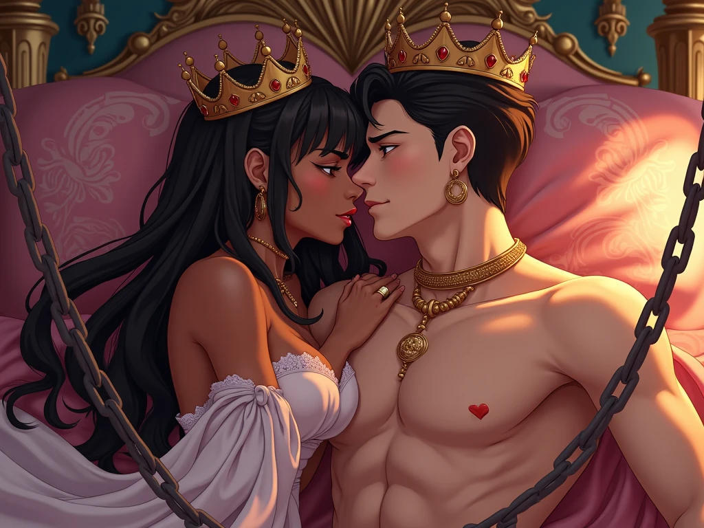 Hot sexy beautiful one indian princess kissing and sex  with ugly fat old man while hugging im carry position in bedroom,   long sparkling chandelier earrings,big breasts, ,black hair ,blush,blue eyes,red lipstick, chandelier jewelry,makeup, ornament, chandelier necklace,waist chain, rings,bangles,hair flower brochure,hair pins,hair chain, royal palaces and grand architecture, Traditional Indian sari, elegant draping style, intricate floral motifs, handwoven silk material, embellished with sequins and beads, sparkling gemstones and gold accents, artistic rendering of Indian culture, traditional jewelry and accessories, indian traditional wedding saree, crown 