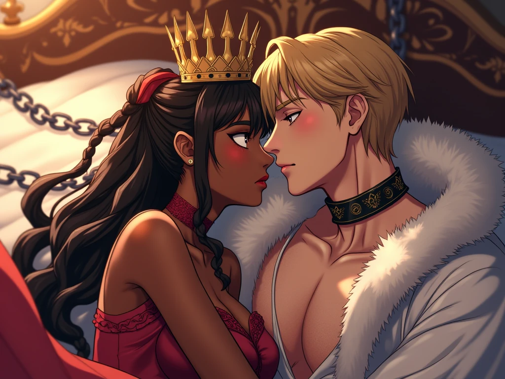 An anime cover. A white-skinned girl in a short red dress sitting on a Queen's throne with a crown. She's very beautiful. On the same throne, a darker-skinned boy, taller than her, is sitting beside her. The boy is kissing the girl's hand. He's wearing a white shirt and black pants. He's sitting with her but kissing her hand.