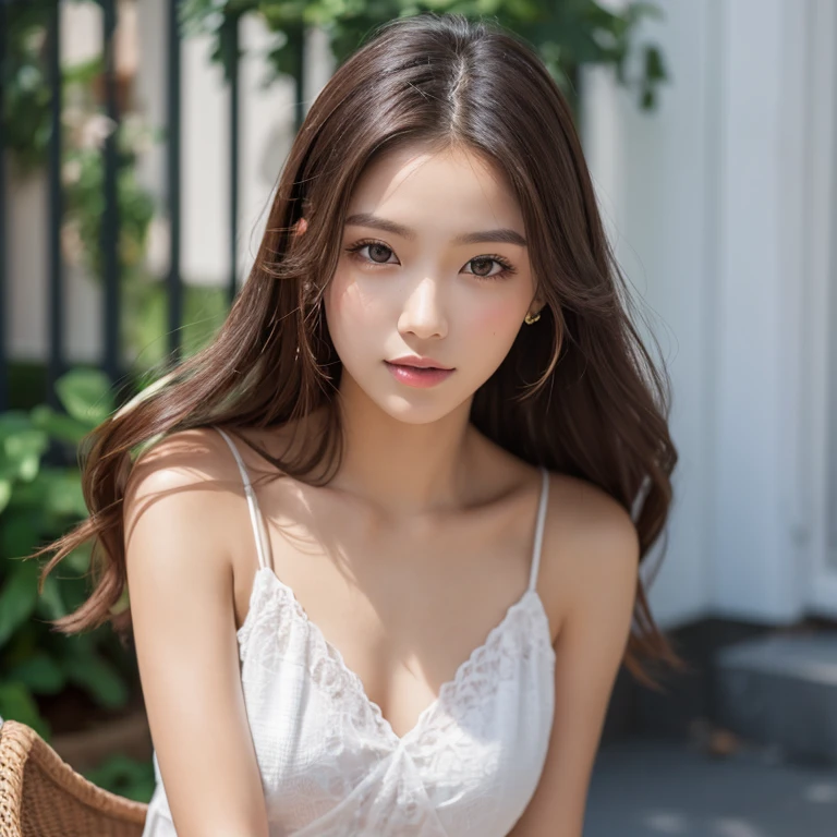 Fashion model 20 years old [[[[closeup cleavage]]]], [[[[boobgasm]]]], [[[[coll]]]], [[[[bshoulders]]]], perfect  eyes, Perfect iris，Perfect lips，perfect teeth，Perfect skin，Long face，slender nose，with fair skin，Soft front light，hdr，Movie girl，Casual，The background is outdoors，Green trees and flowers，（pastel colour：1.2）