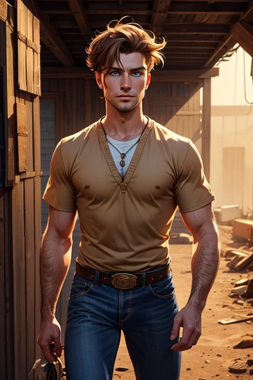 flynn_rider, muscular, serious, crossed arms, big forearms, veiny arms, brown hair, goatee, tank top, hairy chest, broad shoulders, jeans, street, looking at you, <lora:flynn_rider:0.65>