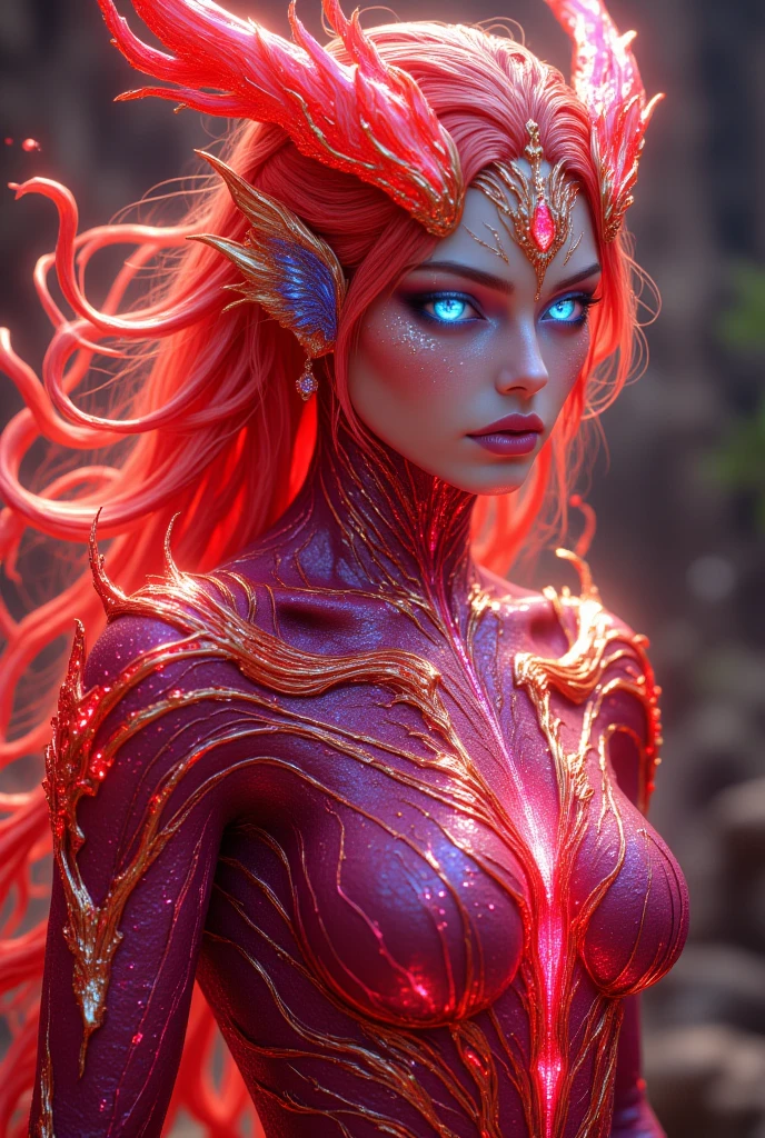 (1 female medusa-like mutant: 1.2), With a beautiful, enchanting face, this alien seduces us with her allure. Her captivating red eyes gleam brightly, reminiscent of burning embers. Her full body is unlike any human's, boasting a sexy, otherworldly form. No humans are present in this scene as she stands alone, her cells fused in a unique and intriguing extraterrestrial way.
(extraordinary beautiful nude photo:1.4), (glowing Garnet eyes:1.5), (sexy and glamorous:1.1), (coquettish expression:1.2), toned lean body, (muscular:1.2), (beautiful abs:1.5), beautiful nipples, She has lots of iridescent translucent tentacles instead of her hair, pale skin, (white skin with prominent veins:1.3), moist skin,
Lots of iridescent translucent tentacles adorn her body, shimmering under the dramatic lighting. Her pale skin, with a hint of translucency, adds to her ethereal allure. This masterpiece, rendered in