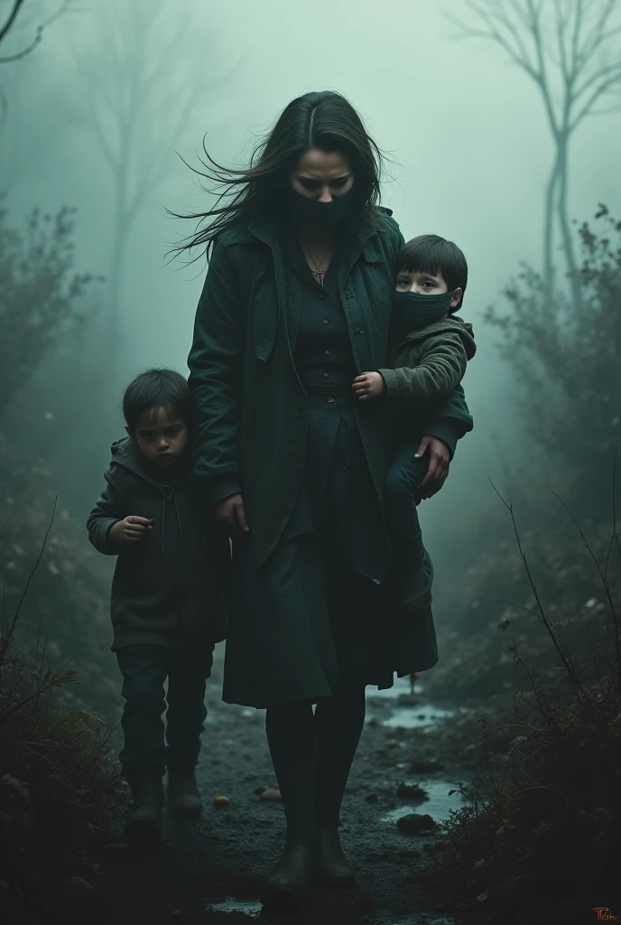 , Image of an extremely beautiful woman, dressed in black cargo pants and a black sweatshirt, very blue eyes, full lips, small nose, with a look of despair, in a forest at night, and with a small child in a kangaroo, very beautiful