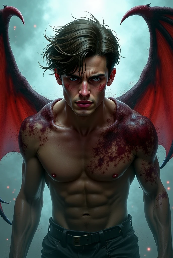 Photorealistic, ((best quality)), ((masterpiece)), (detailed), perfect face, the devil, masculine portrait of the devil, personification of The Devil, (evil look), superr pale skin, massive huge majestic black angel wings, black dragon horns, 18-year-old, super male model, handsome, tall, cute looking, evil look, dark look powerful, young male model, handsome mythical creature, super strong, muscular, fit, massive muscles, six pack, clean shave, blue eyes. wavy messy brown hair, short messy hair, messy wavy hair, buz cut hair, shirtless, barechested, muscle, ripped, strong body, fit body, pantless, 1 perfect penis, 1 amazing penis, 1 nice penis, 1 beautiful penis, 1 amazing penis, 1 good penis, 1 male penis, perfect scrotum, amazing scrotum, nice scrotum, great scrotum, male scrotum, male genitalia, male structure, Dark background 8k, high detailed, ultra-detailed, Stylish Pose, real skin texture, dark cinematic lighting, ruins gothic cathedral, ruins, fire, flooded