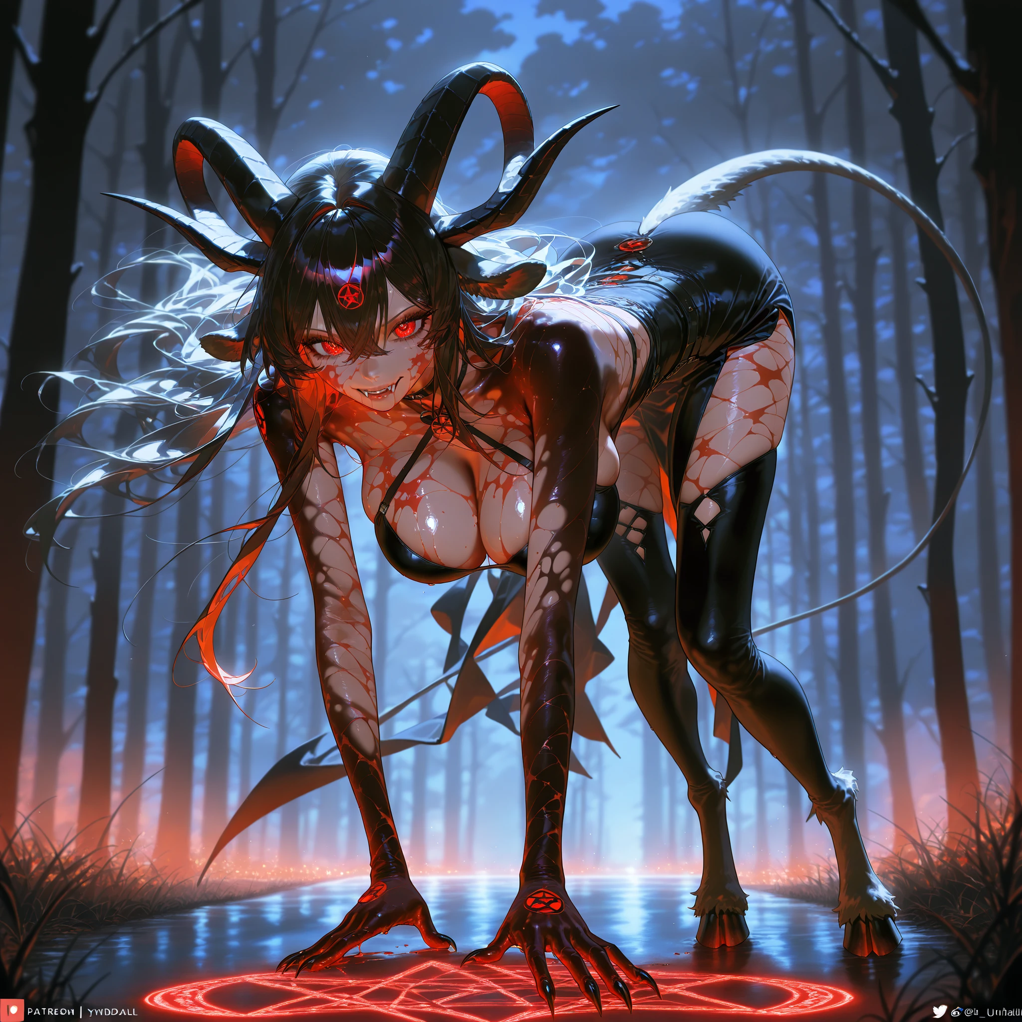 ((1 cyborg woman,((without bionic arms on the left, just a normal arm)),((gigantic breasts, naked breasts, naked pussy, erect breasts, holding breasts, hand on pussy)),((very black hair long with ponytail and bangs covering one left eye, one red eye)),((face without sperm)),((stopping in a haunted forest, at night)),
