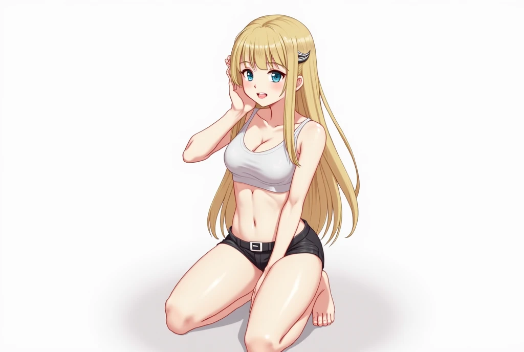 Nikaido Saki, Zombieland Saga, My Hero Academia Style, female, medium breast, wide hips, wide thighs, swimsuit, tight swimsuit, sexy swimsuit, blue swimsuit, smug, cheerful look, orange eyes, hair blond,