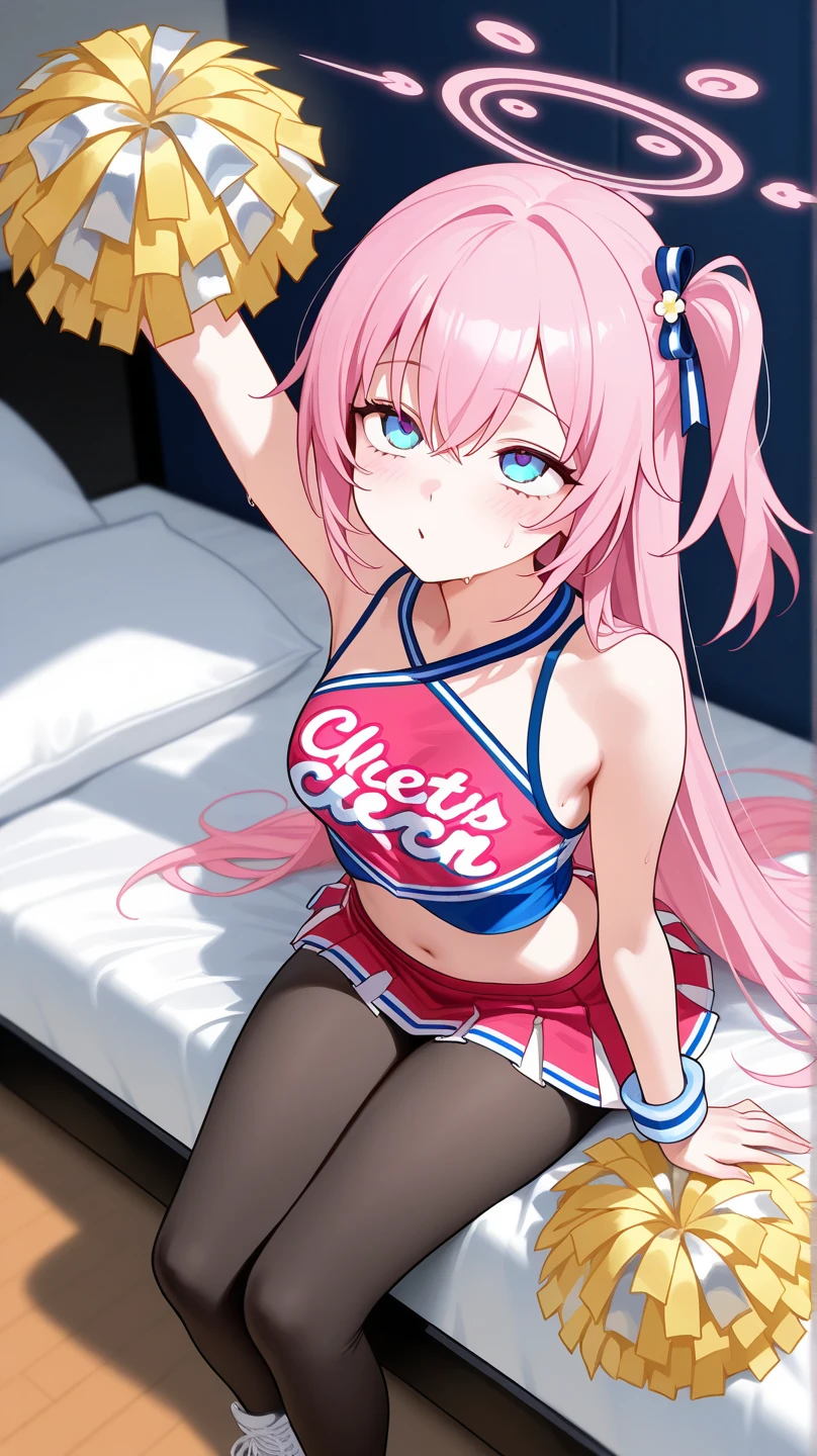 very delicate and beautiful girl,8k wallpaper,masterpiece,danntoudainoaura,Bedroom,1 girl,alone,devil's horns,devil girl,long hair,medium breasts,(cheerleader clothes),((navy high socks)),loafers,belly button,looking at the viewer、Photo from below、((mini skirt))、