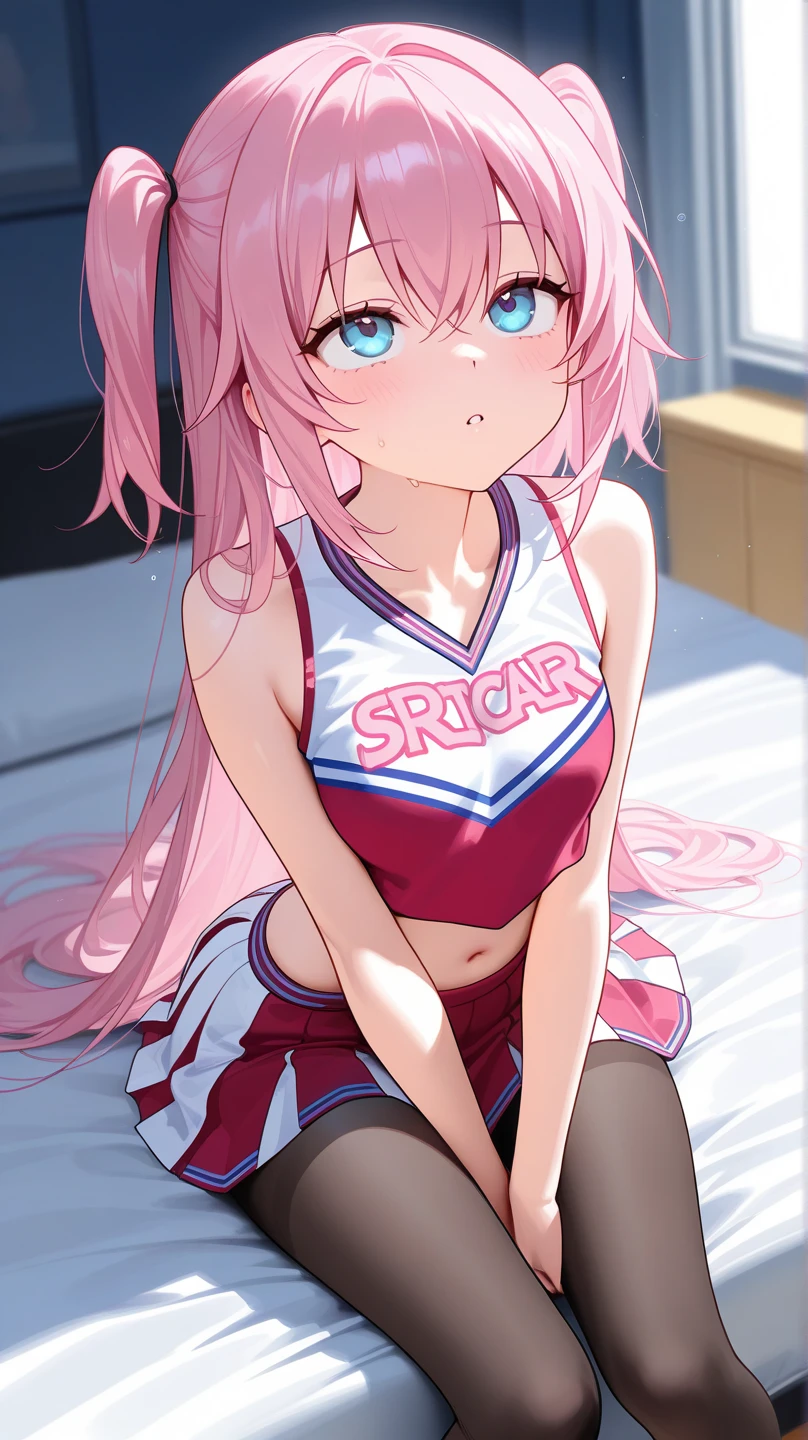(masterpiece、highest quality、Super detailed)、((One girl))、((Pink Hair))、((Twin tails))、((Light blue eyes))、evil smile、((Grin))、((Sweat))、Earrings、((Very large breasts))、((cheerleader))、No sleeve、belly button、((miniskirt))、((white baggy socks:1.3))、sitting, knees up、Shoot from below、Gym storeroom