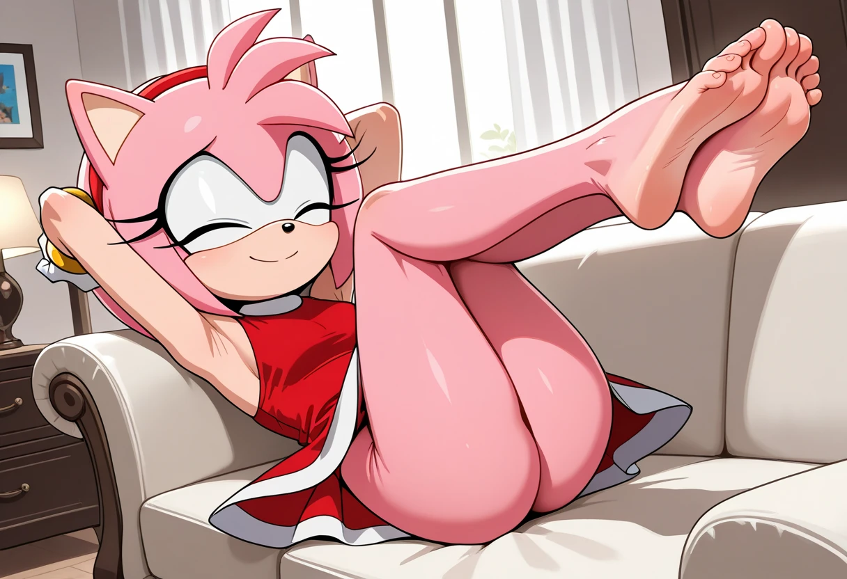NSFW, Hedgehog Race Amy Rose sonic Pink Skin deitada numa praia, in a red bikini, with her hand in her pussy masturbating , e com olhar de prazer, ultra realista