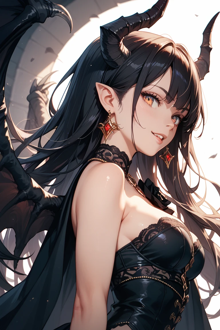 Anime style, better quality possible, dark night full moon,  perfect body pale, albine evil gothic  vampire woman, dark brown hair, brown eyes, she has open bat wings, wearing very transparent gothic dress, she smile and shows vampires teeth, she is in stairs, ambient living room of colonial castle, big open windows show night time and full moon, iluminated by candles