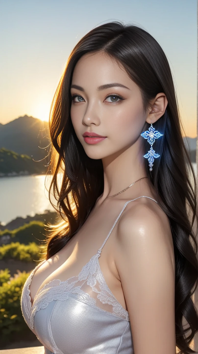 Beautiful Chinese women with beautiful faces,22 years old,The Sydney Opera House in the background,Wearing a white bikini,White skin,Medium Bust,Concave and convex,sunrise,Sunlight shines on your face,smile,Delicate facial features,double eyelid,Big eyes,Oval Face,Shallow dimples,Wearing star-shaped earrings,Hanging 6 carat diamond necklace,Ultra-high resolution pixels,Shot with a Sony Leica SLR camera