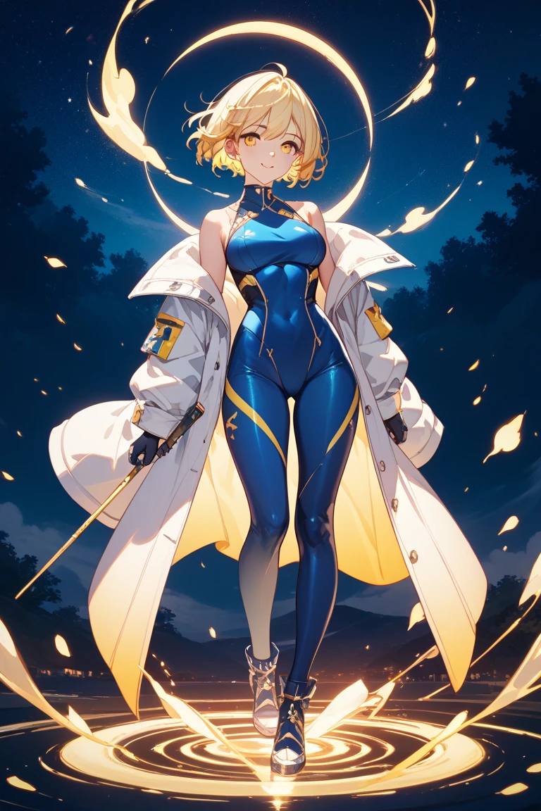 1girl, superhero, mature woman, leotard, bare legs, boots, gloves, atoms, glowing body, light surrounding her body, light particles, space backdrop, standing, hand on hip, cowboy shot, full body shot, superpower.