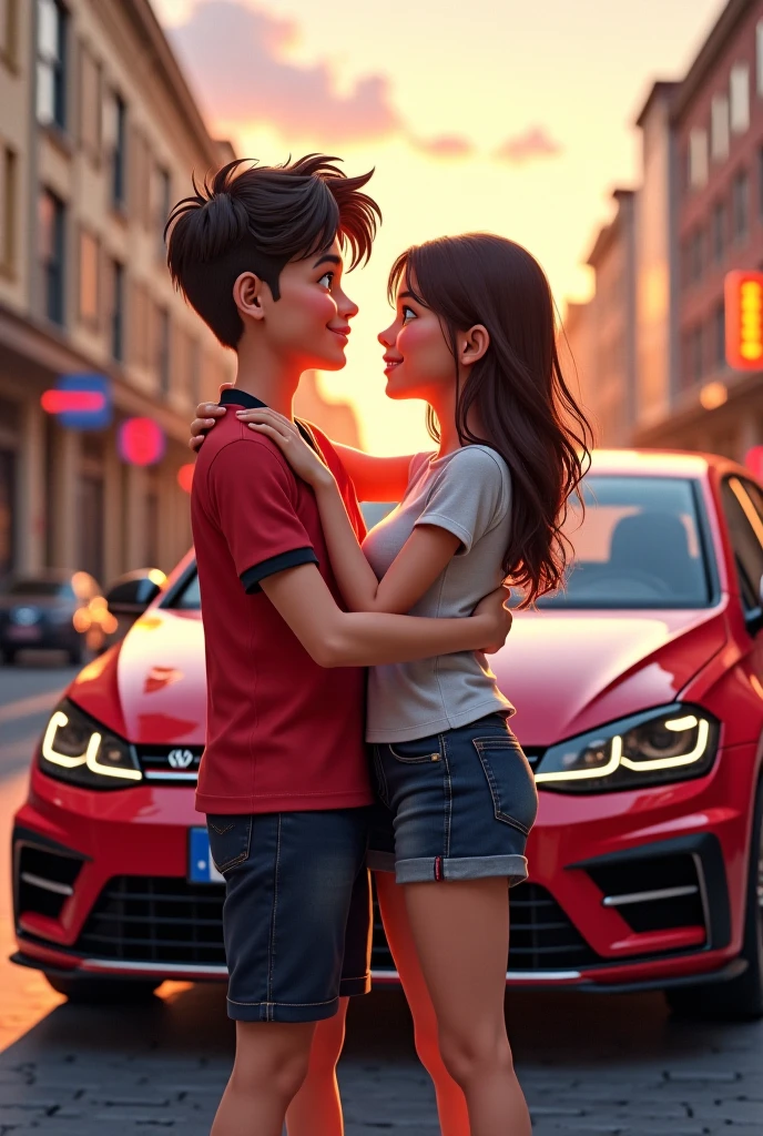 A couple siting on the car boyfriend Kiss her girlfriend with red rose. Boy wearing a t-shirt wirten his name Romeo and girl wearing a t-shirt writen her name Yana 3d